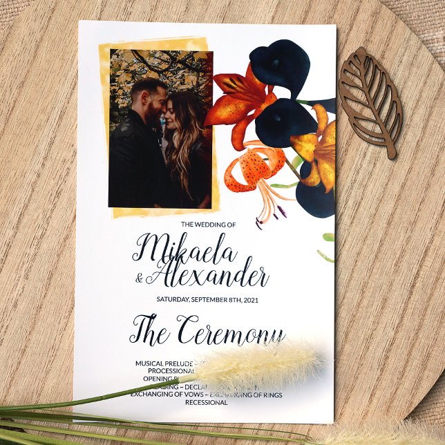 Programa de Casamento de Lírios de Calla Azul, Lar (Orange Blue Fall Flowers Wedding Invitations, Botanical Tiger Lily Wedding Announcements)