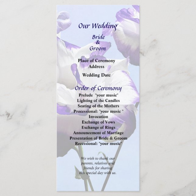 Programa de Casamento de Lisianthus Roxo e Branco (Frente)