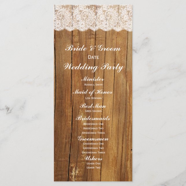 Programa de Casamento de Locais de Madeira Vintage (Frente)