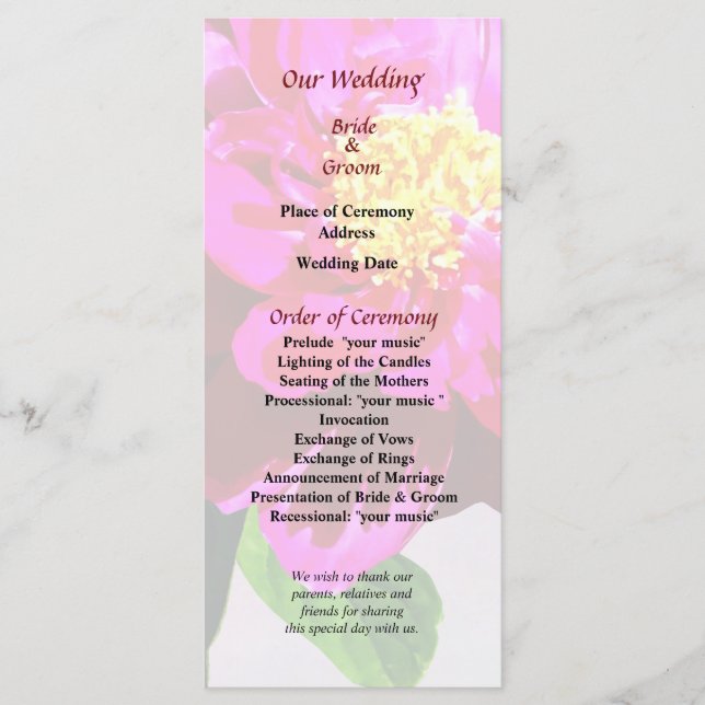 Programa de Casamento de Magenta em Sunshine (Frente)