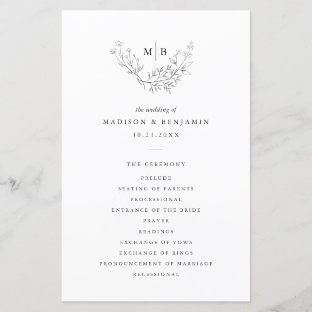 Programa de Casamento de Monograma Formal Mínimo (Frente)