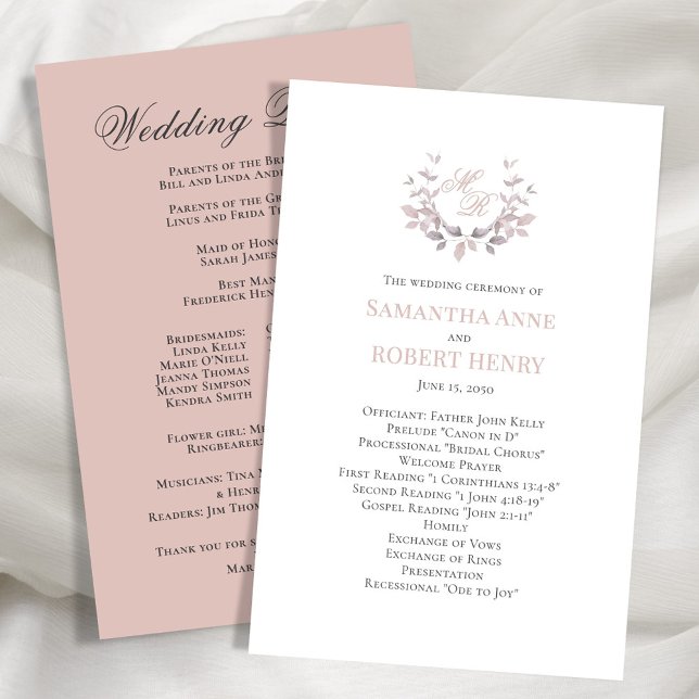 Programa de Casamento de Monograma Personalizado C (Blush pink wedding ceremony program.)