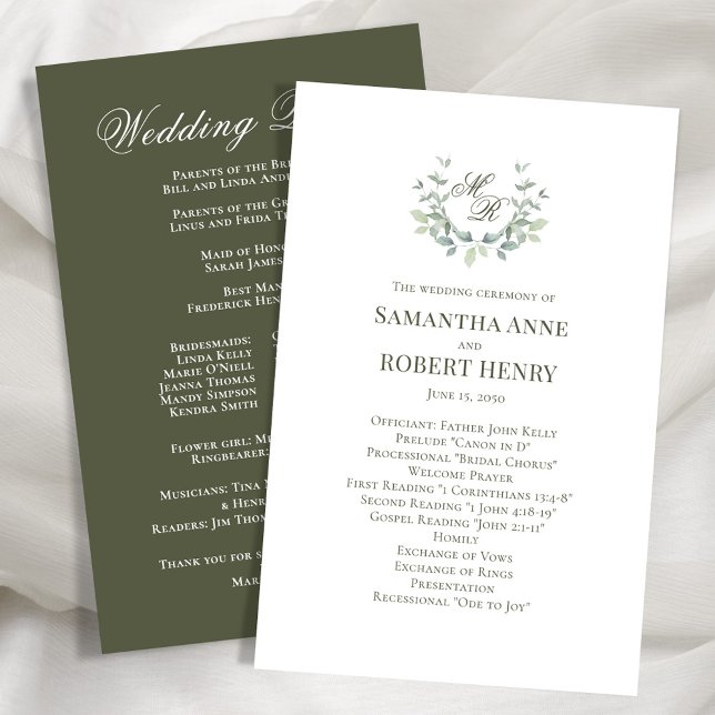 Programa de Casamento de Monograma Personalizado V (Olive green elegant laurel leaf motif wedding program. )