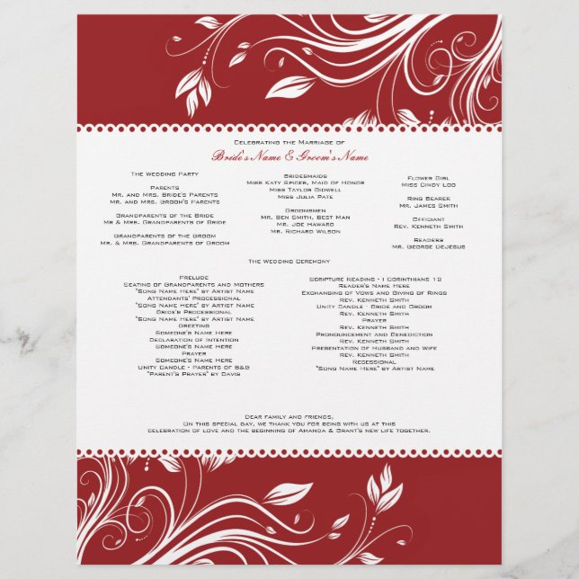 Programa de Casamento de Nadadores Florais Vermelh (Frente)