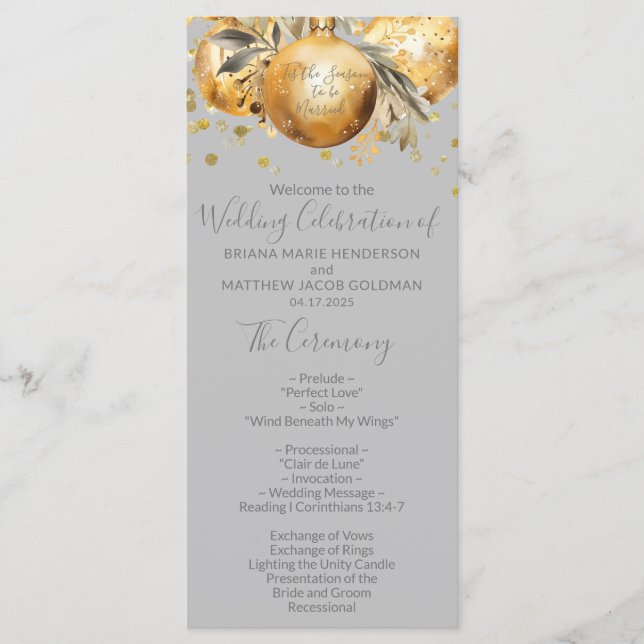 Programa de Casamento de Natal Cinza Dourado (Frente)