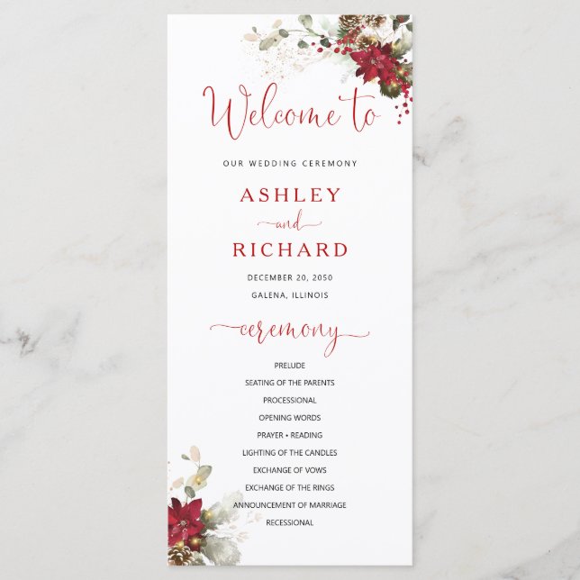 Programa de Casamento de Natal com Flores Vermelha (Frente)