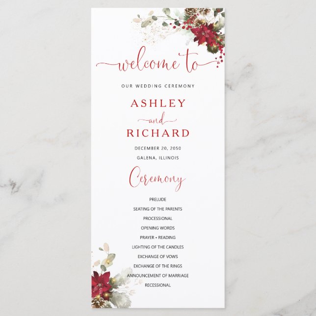 Programa de Casamento de Natal com Flores Vermelha (Frente)