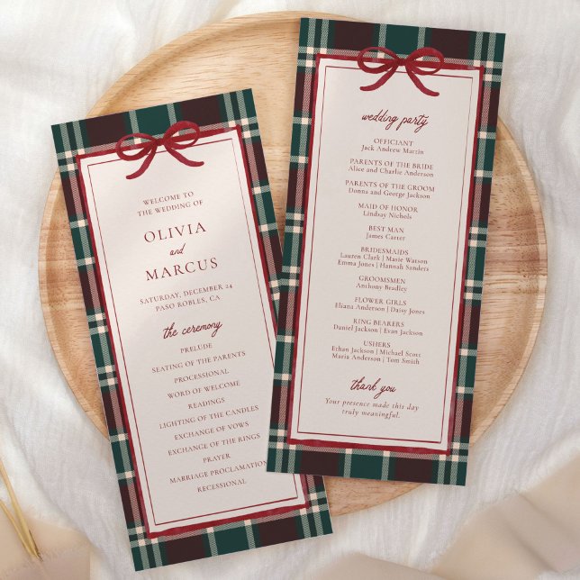 Programa de Casamento de Natal em Xadrez | Tartã d (Burgundy green plaid Christmas wedding program with red bow—ceremony and wedding party layout)