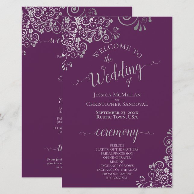 Programa de Casamento de Orçamento de Roxo e Prata (Frente/Verso)