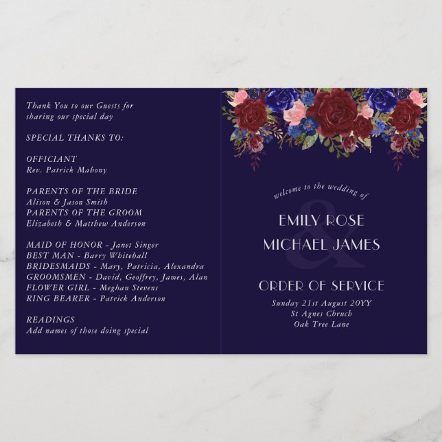 Programa de Casamento de Orçamento Flores de Rosas (Frente)