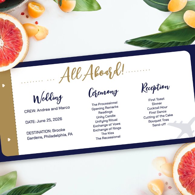 Programa de Casamento de Passagem de Embarque Azul (Boarding Pass Wedding Ceremony Program)