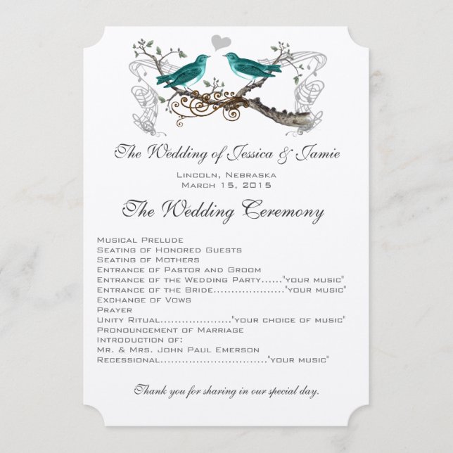 Programa de Casamento de Pássaros de Amor Azul Vin (Frente)