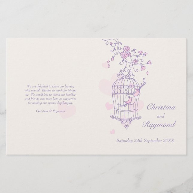 Programa de Casamento de Pássaros roxos rosa (Frente)