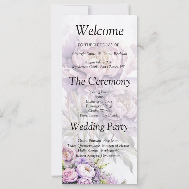 Programa de Casamento de Peônias de Lavandas de Aq (Frente)