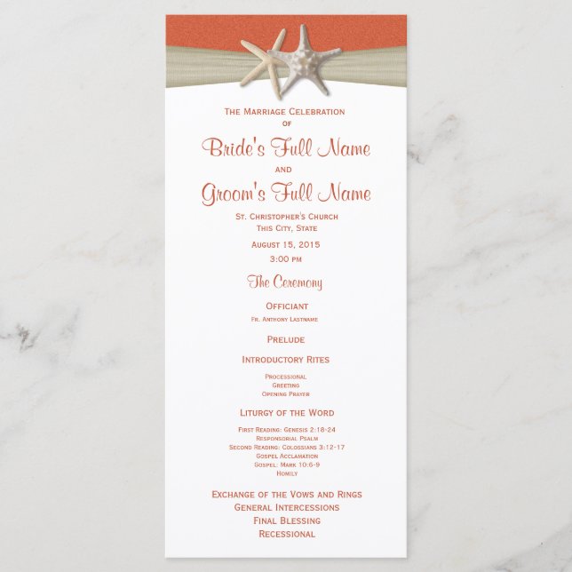 Programa de Casamento de Praia de Starfish e Burla (Frente)