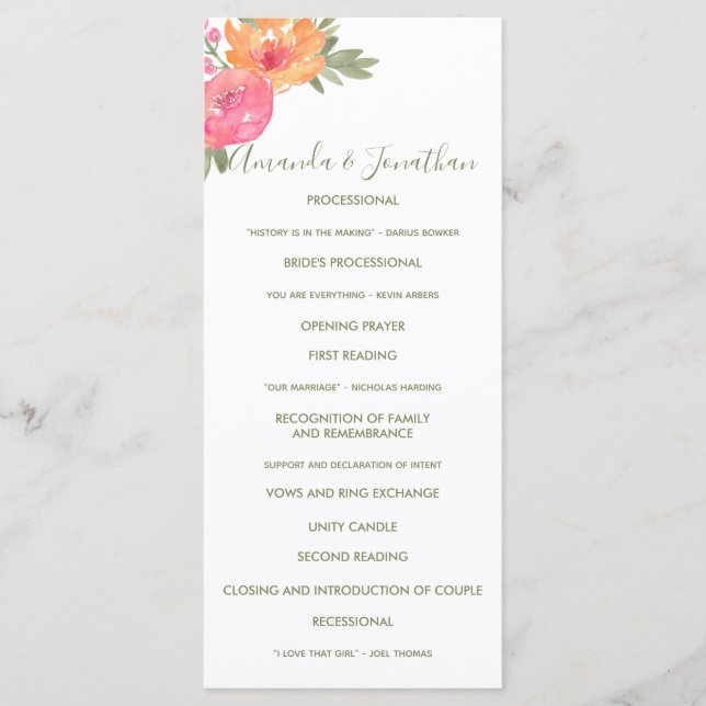 Programa de Casamento de Primavera com flores aqua (Frente)