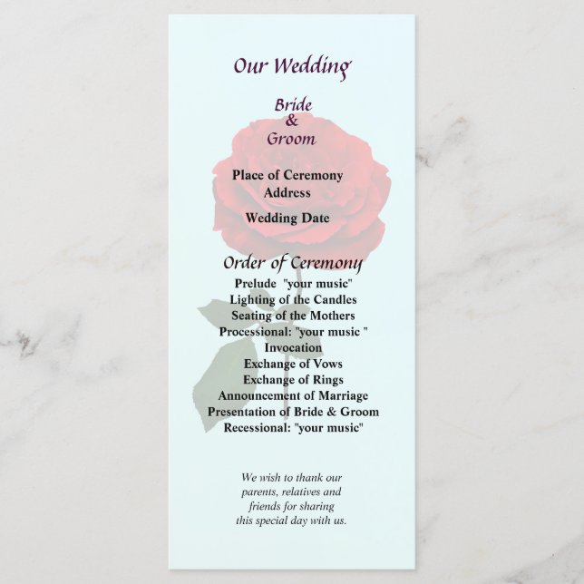 Programa de Casamento de rosa vermelha de Verão (Frente)