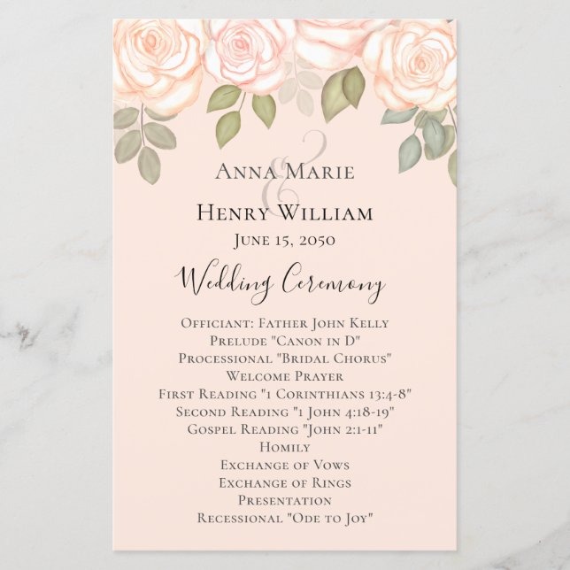 Programa de Casamento de Rosas Cor-de-Rosa Florais (Frente)
