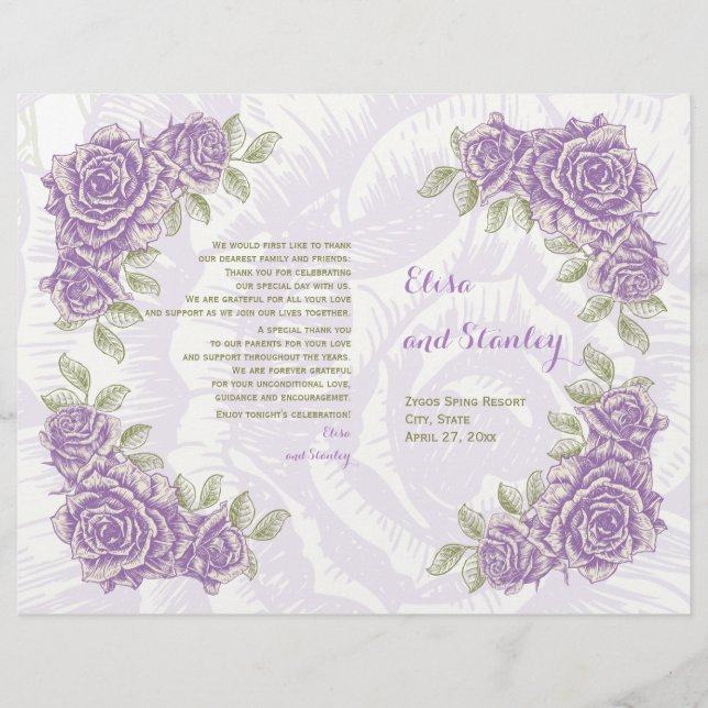 Programa de casamento de rosas roxas de vintage (Frente)
