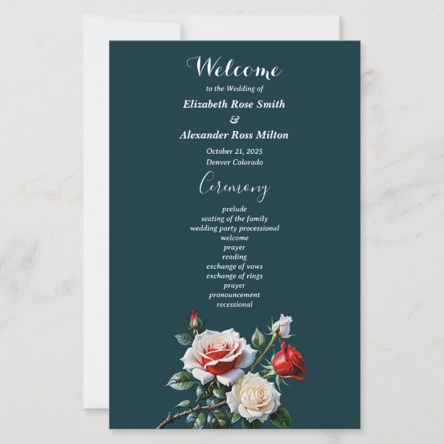 Programa de casamento de rosas vermelhas brancas r (Frente)