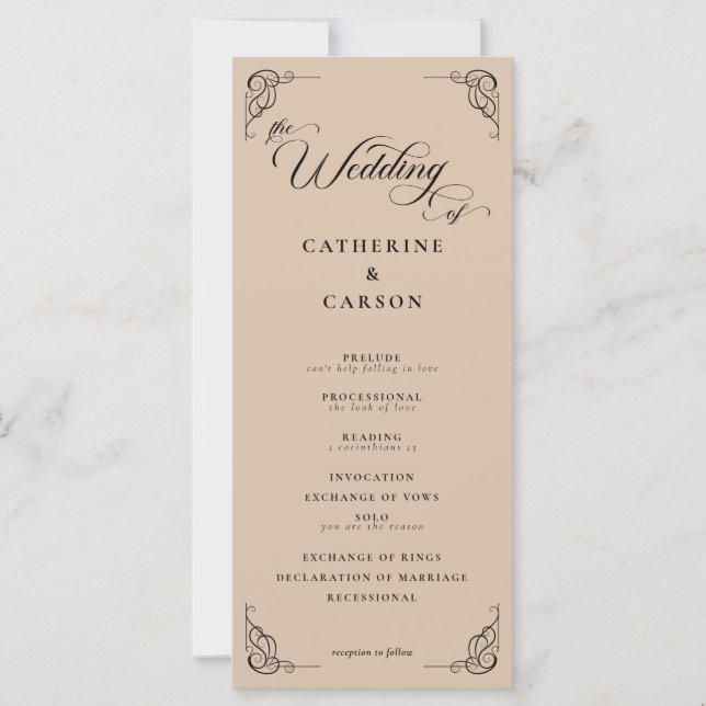 Programa de Casamento de Script Beige & Black Call (Frente)