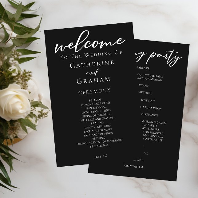 Programa de Casamento de Script Branco Chic Black (Criador carregado)