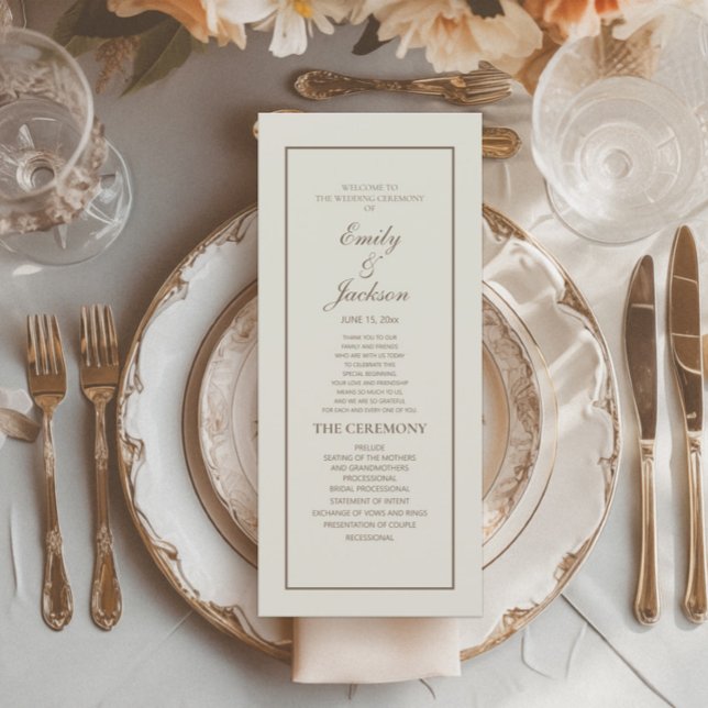 Programa de Casamento de Script Brown Clássico Ele (Cream wedding menu with elegant brown text)