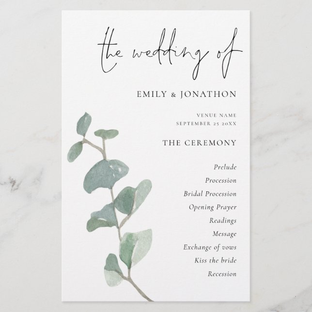 Programa de Casamento de Script Eucalyptus Elegant (Frente)
