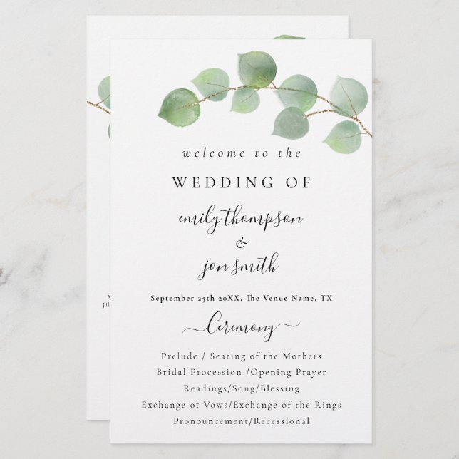 Programa de Casamento de Script Eucalyptus Moderno (Frente/Verso)
