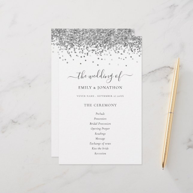 Programa de Casamento de Script Glitter de Prata d (Frente/Verso In Situ)