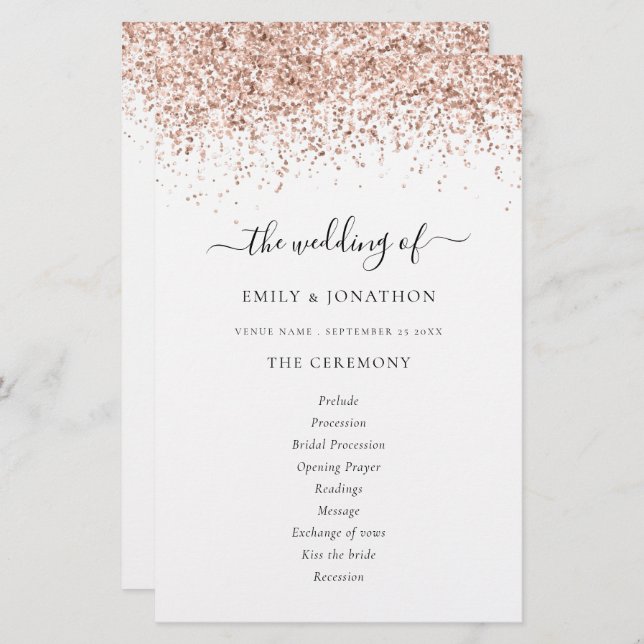 Programa de Casamento de Script Glitter Dourado Ro (Frente/Verso)
