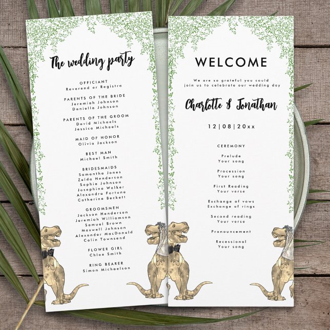 Programa de Casamento de Tema do Dinossauro (Dinosaur bride and groom T-Rex dino wedding day program)