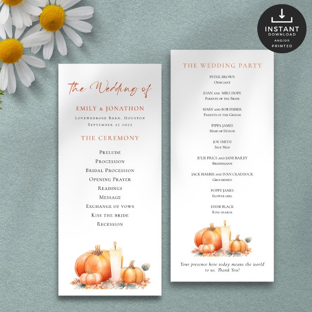 Programa de Casamento de Velas de Pumpkins para Ca (Front and back view)