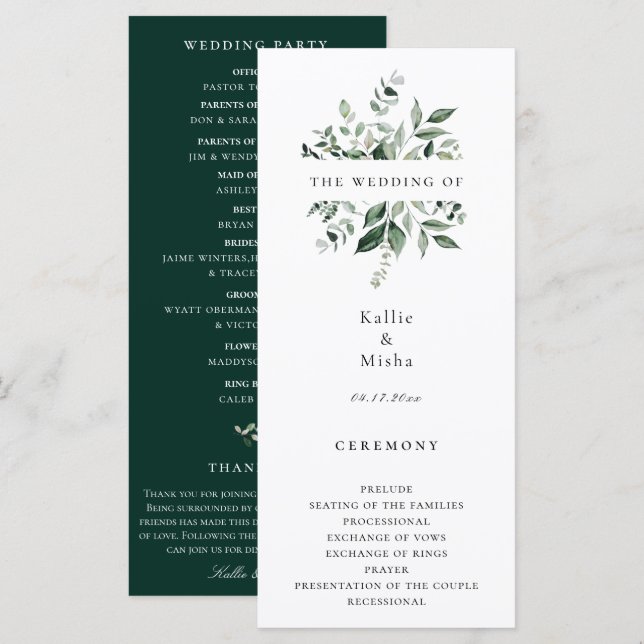 Programa de Casamento de Verdura Botânica Natural (Frente/Verso)