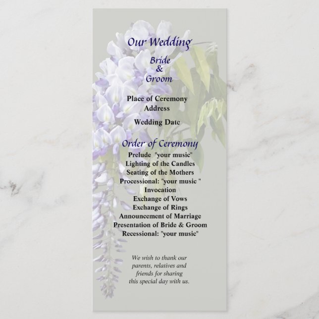 Programa de Casamento de Wisteria e Folhas (Frente)