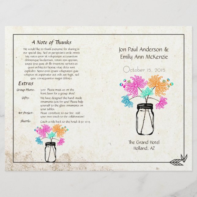 Programa de Casamento de Zinnia Mason Jar (Frente)