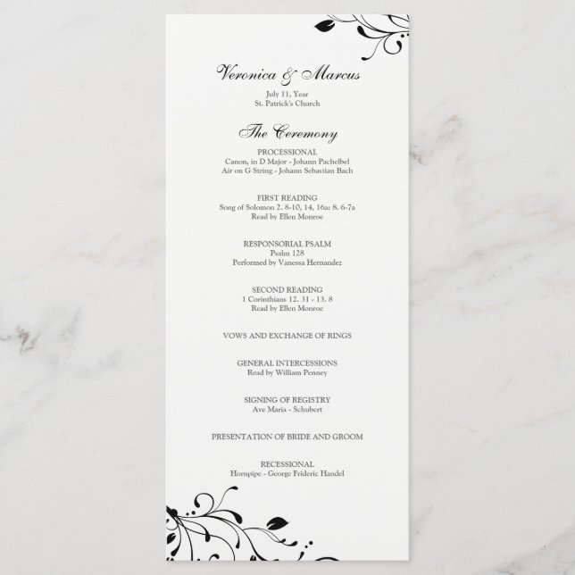 Programa de Casamento Decal Floral Negro e Branco (Frente)