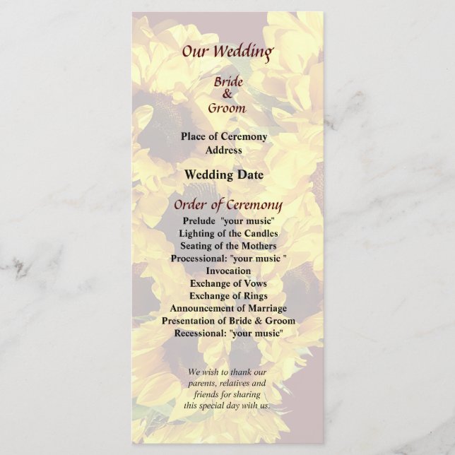 Programa de Casamento do Coração de Girassol (Frente)