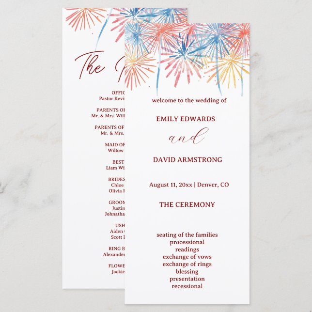 Programa de Casamento do Dia 4 de Julho com Fogos  (Frente/Verso)