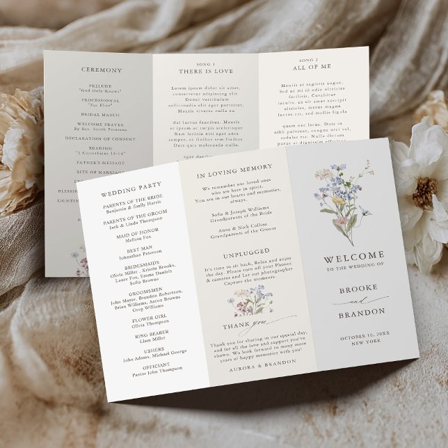 Programa de Casamento do Jardim dos Prados de prim (Spring Wildflower Meadow Garden tri fold Wedding Program)