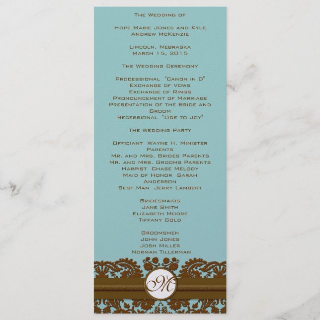 Programa de Casamento do Monograma Brown Damask (Frente)
