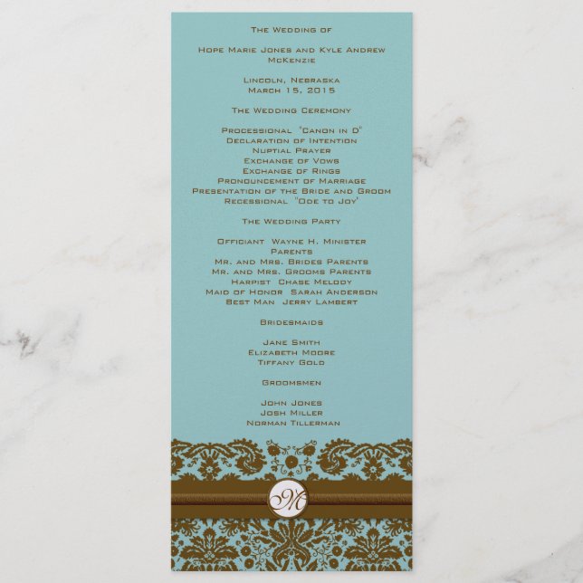 Programa de Casamento do Monograma Brown Damask (Frente)