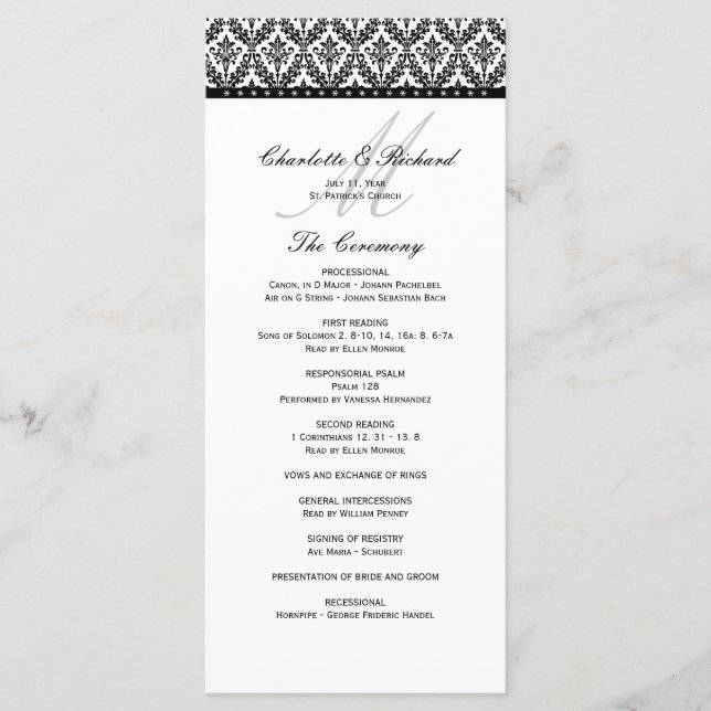 Programa de Casamento do Monograma do Damasco Pret (Frente)