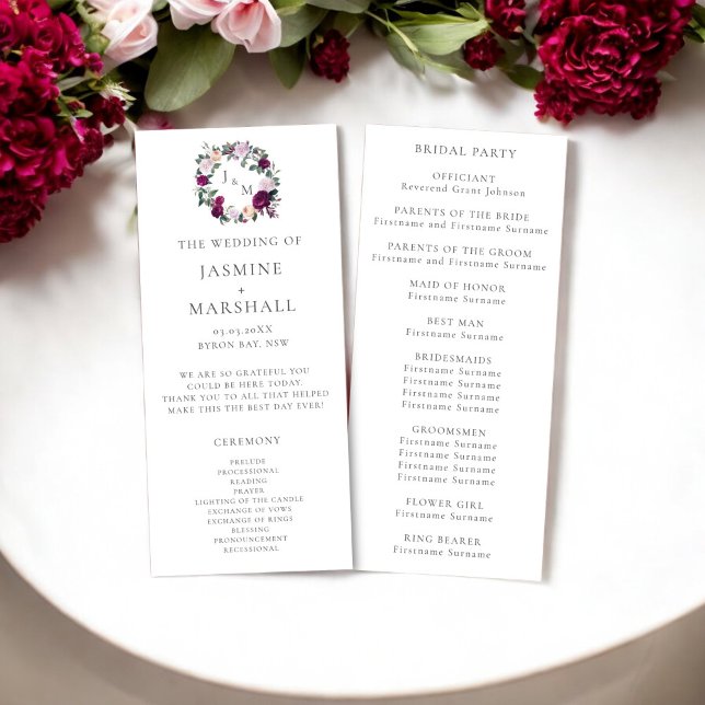 programa de casamento do monograma floral na moda  (wedding program burgandy floral monogram )