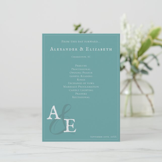 Programa de Casamento do Monograma Minimalista Tea (Em pé/Frente)