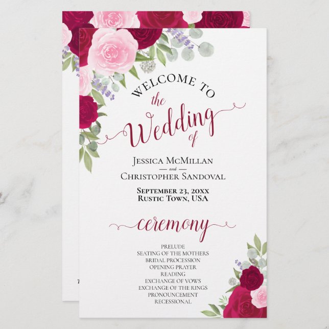 Programa de Casamento do Orçamento Floral Magenta  (Frente/Verso)