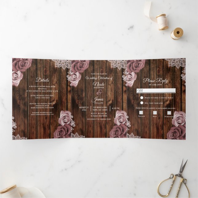 Programa de Casamento Dobra Tripla de Madeira Rúst (Dentro)