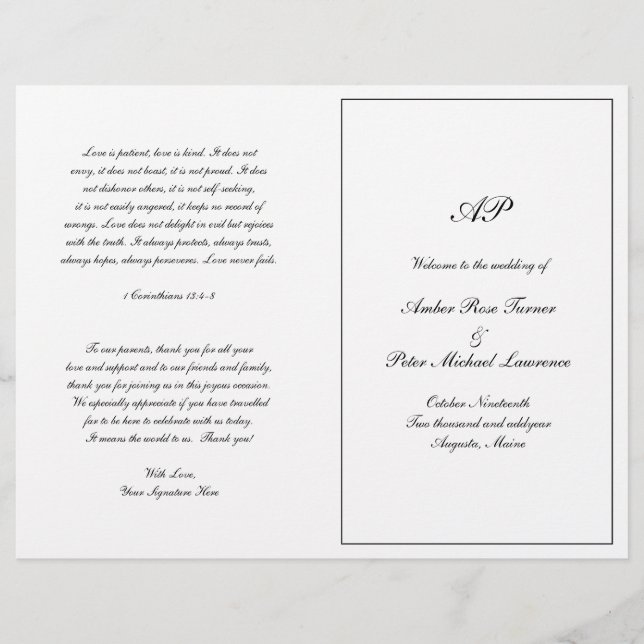 Programa de Casamento Dobrado Formal com Monograma (Frente)