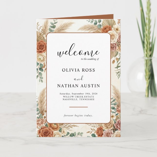 Programa de Casamento Dobrável Boho Pampas e Flora (Frente)