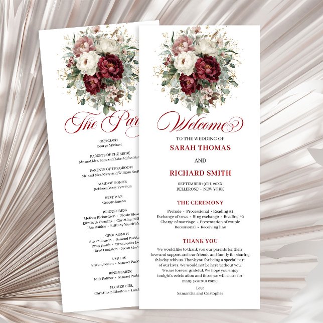 Programa de Casamento Dourado Burgundy Blush Desig (Designer Blush Burgundy Gold Wedding Program)